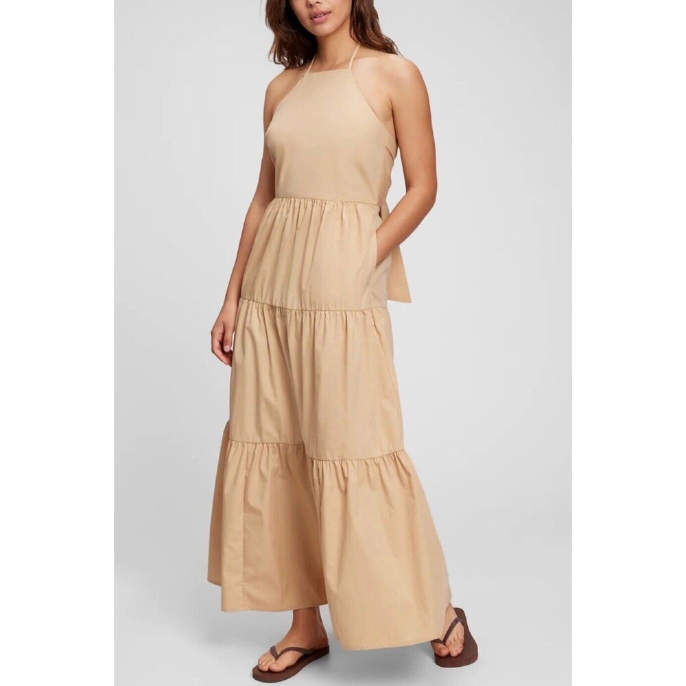 Gap Dress Women Khaki Tiered Tie Back Maxi Preppy Cotton Pocket Classic Sz 8 NWT